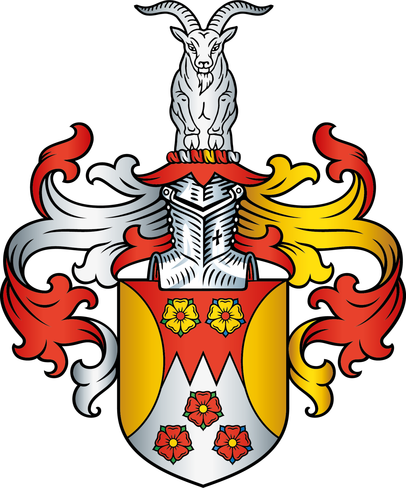 Wappen mit einem Ritterhelm, Ziegenfigur und roten sowie gelben Ornamentalverzierungen.